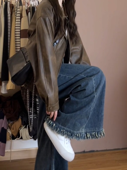 毛边a版阔腿牛仔裤女梨型身材显瘦裤子大码胖mm流苏大裤腿直筒裤