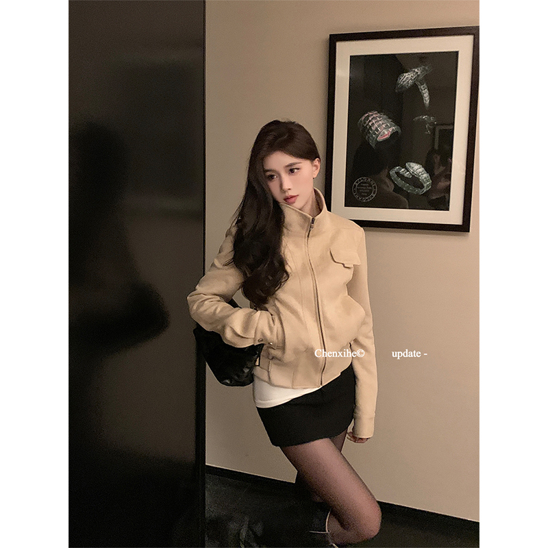 He Chenxi Retro Suede Spring and Autumn New Short Biker Jacket for Women, Korean Style Casual Slim Fit Top