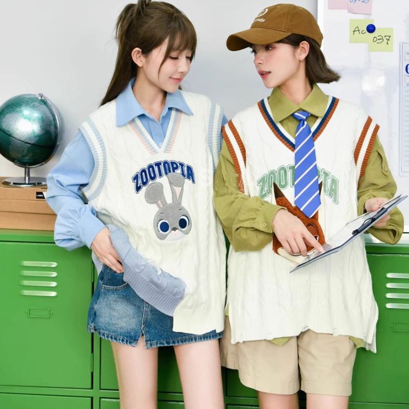 Zootopia Judy Nick Knitted Vest for Women, New Autumn/Winter Cartoon Style, Age-Reducing, Loose Layered Sweater Vest