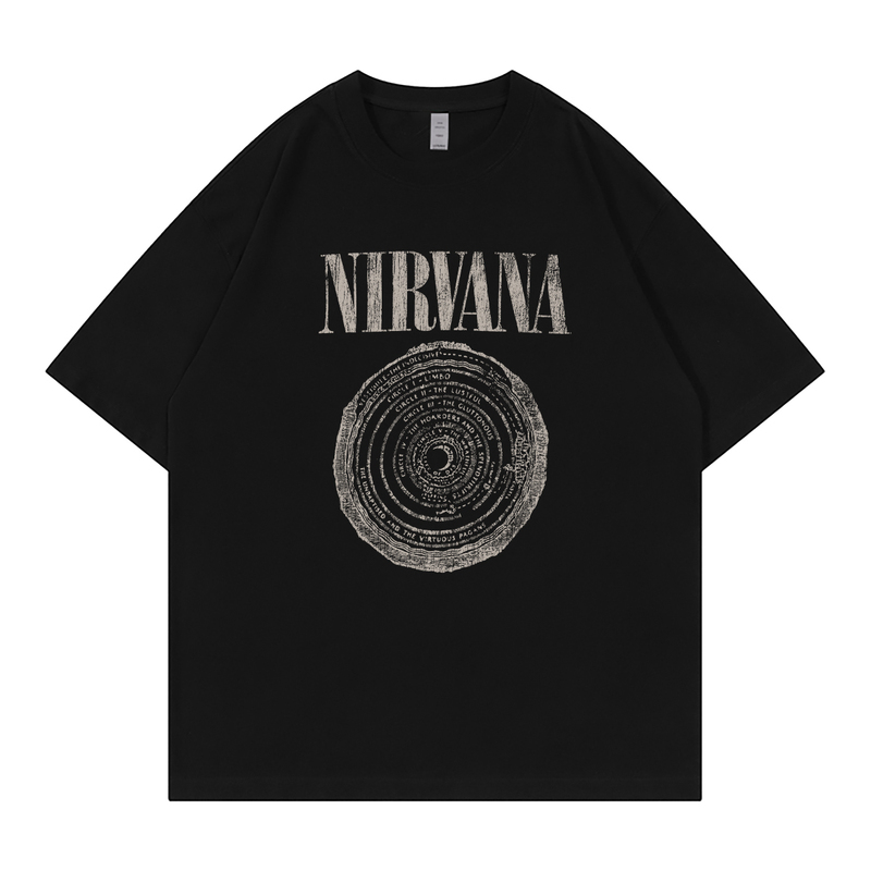 Nirvana Band American Casual Retro Drop-Shoulder Loose Pure Cotton Round-Neck Rock Short-Sleeve T-Shirt Black and White Nirvana Band American Casual Retro Drop-Shoulder Loose Pure Cotton Round-Neck Rock Short-Sleeve T-Shirt Black and White