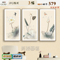 New Chinese ink and ink lotus flower strips screen decoration drawing material Living room Triple hanging painting material bedroom hanging painting HD Tuku