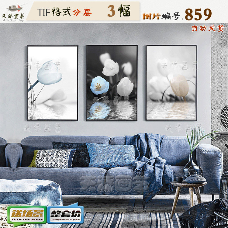Nordic minimal water-fairy tulip flower decoration painting materials living room Trilinked painting hotel hanging pictures