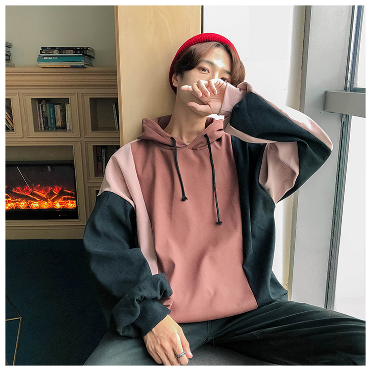 Hồng Kông gió áo len CHIC nam cộng với thương hiệu nhung thủy triều trùm đầu khâu bf lỏng lẻo hoodie nam đẹp
