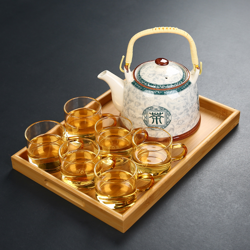 Large beam glass tea set Teapot Transparent thickened teapot Teacup with handle Set tray Teapot Heat-resistant