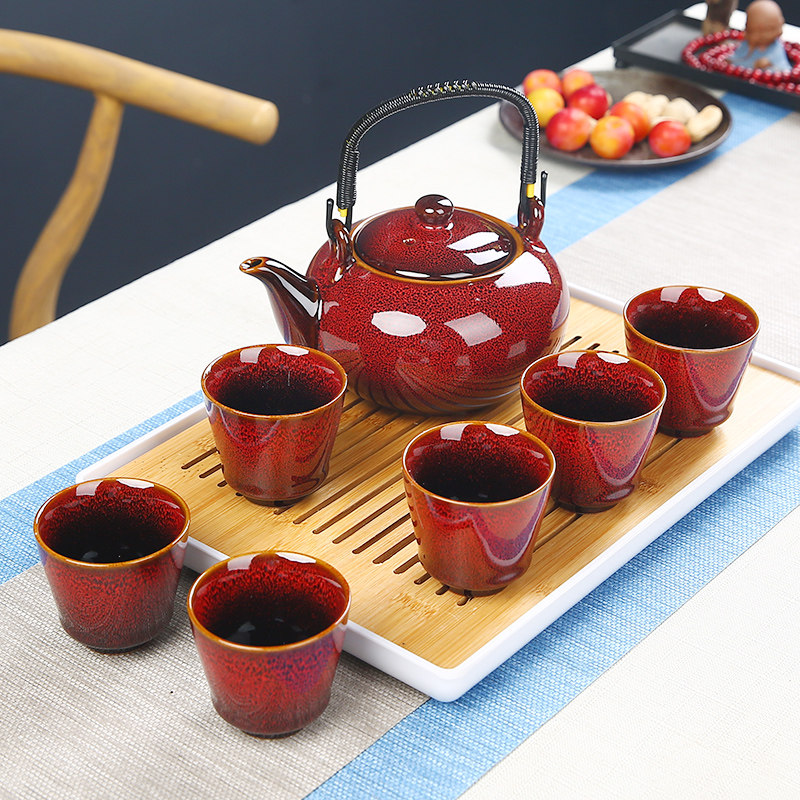 Kiln change ceramic Kung Fu tea set Large tea pot tea cup set Household commercial gift a pot of six cups