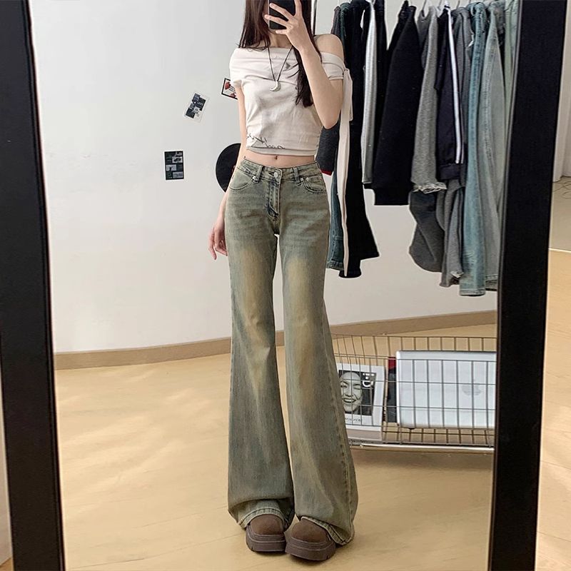 American-Style Low-Waisted Jeans for Women, Yellow Mud Color, 2026 New Spring and Summer Vintage Floor-Length, Non-Tight, Slightly Flared Pants
