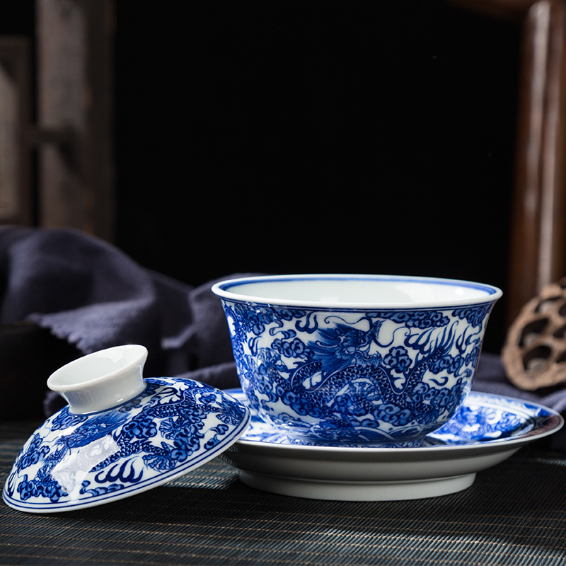 Jingdezhen ceramic only three bowl of court wind pure hand - made manual Kowloon, blue and white lines tureen and tea cups