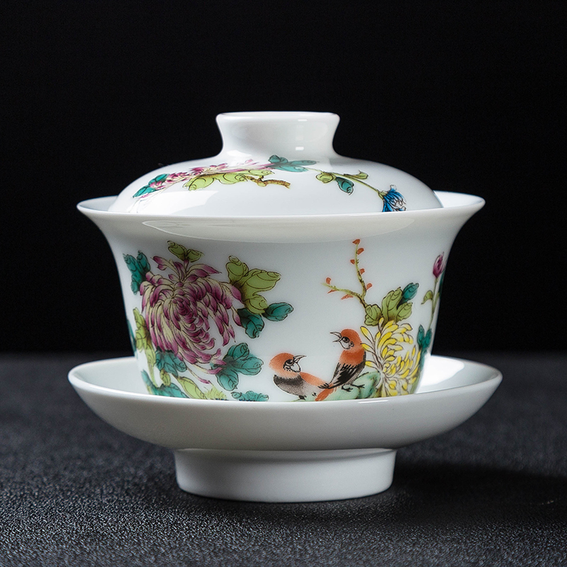 Jingdezhen ceramic tureen three finger bowl to bowl kung fu tea bowl large pastel color worship on glaze teacup