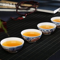 Folk artist hand-painted butterfly figure thin tire blue and white porcelain master cup Single cup Jingdezhen ceramic small Kung Fu tea cup
