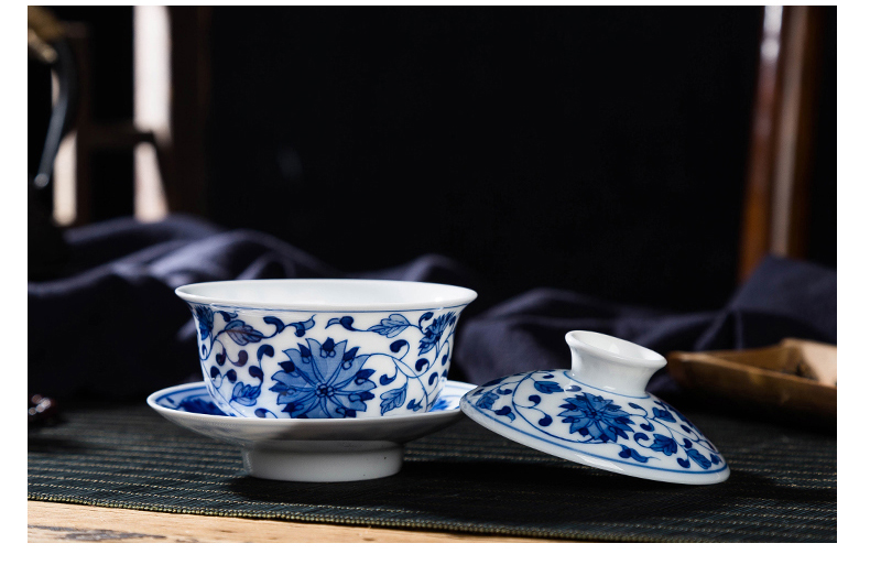 Manual hand - made bound branch lotus tureen tea jingdezhen blue and white ceramics kung fu tea set three bowl of tea bowl