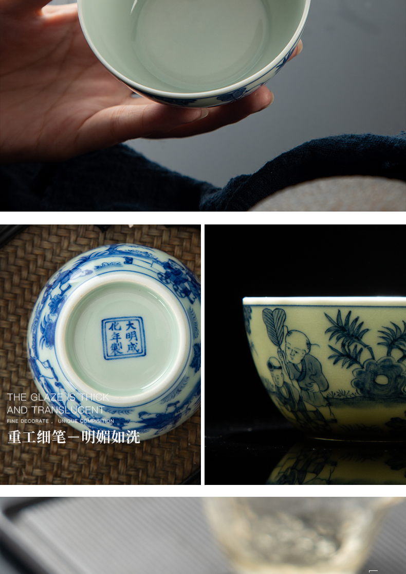 Jingdezhen archaize masters cup ceramic cups cup pure blue and white baby manual hand - drawn characters play kung fu tea cups