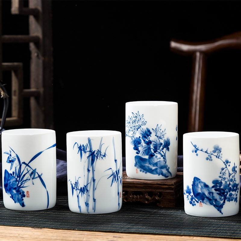 Folk artists hand - made bamboo master of blue and white porcelain cup single CPU jingdezhen ceramic household large ultimately responds a cup of green tea
