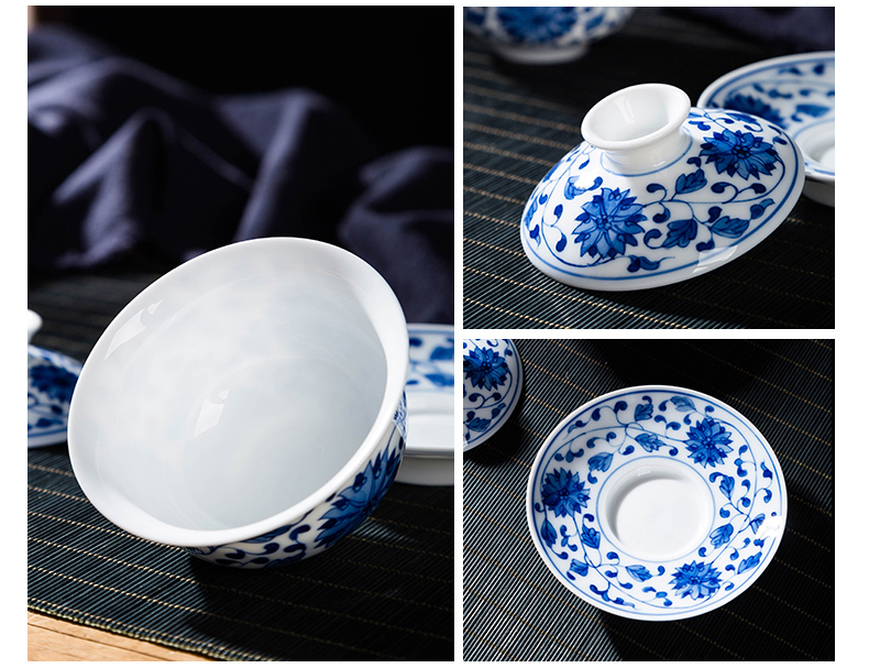 Manual hand - made bound branch lotus tureen tea jingdezhen blue and white ceramics kung fu tea set three bowl of tea bowl