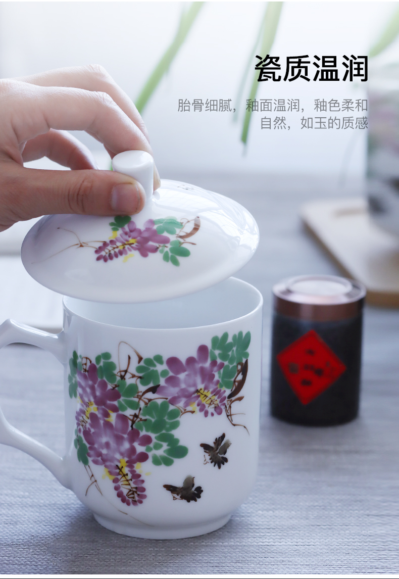 Jingdezhen ceramic hand - made office cup under the glaze colorful tea tea large white porcelain office take with cover