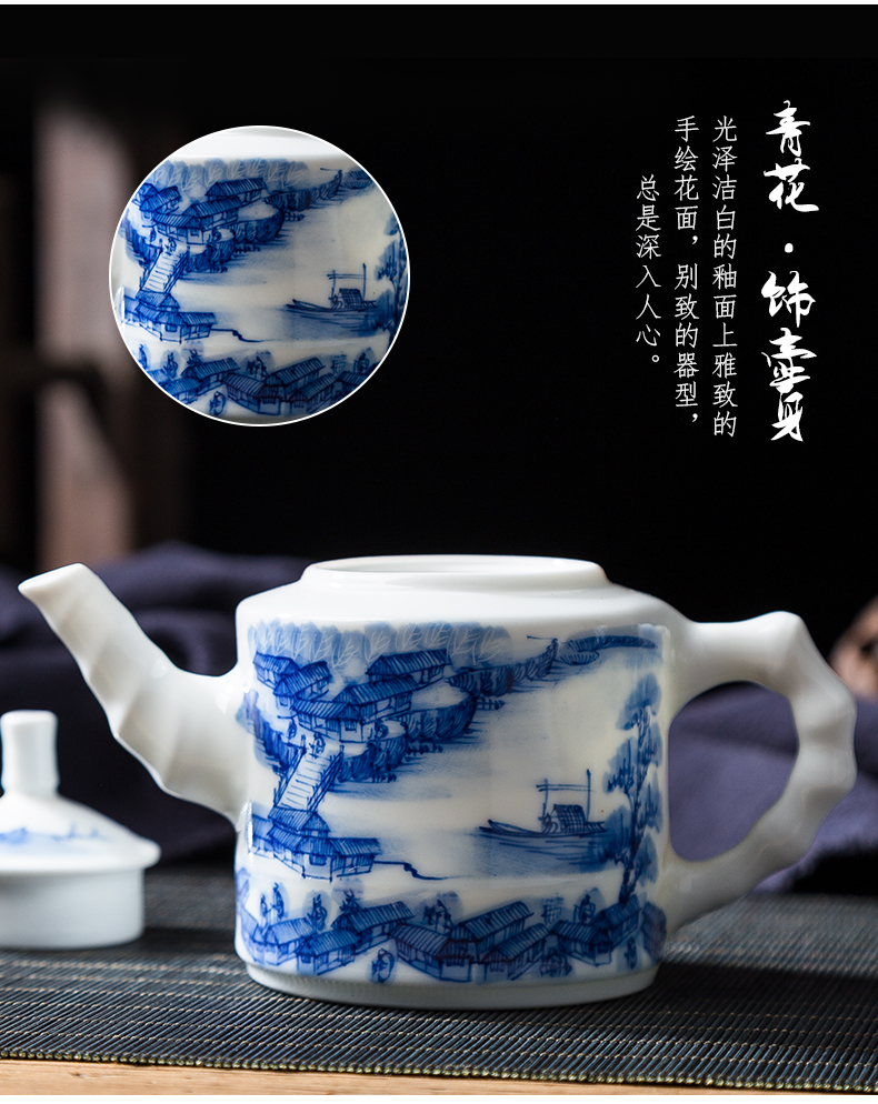 Jingdezhen ceramic hand - made kung fu tea set of blue and white porcelain teapot single pot of pu 'er tea tea, the hollow handle