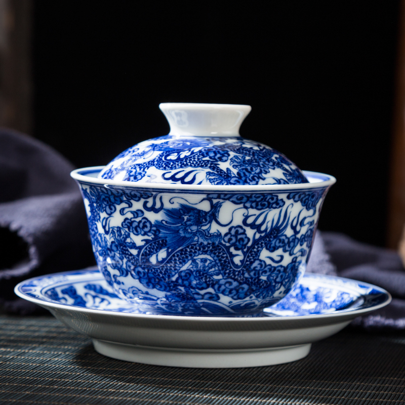 Jingdezhen ceramic only three bowl of court wind pure hand - made manual Kowloon, blue and white lines tureen and tea cups