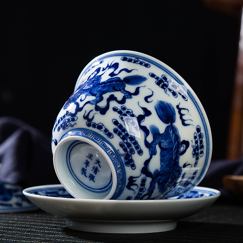 Jingdezhen checking ceramic tureen large kung fu tea tea, blue three worship cup heavy industry to use