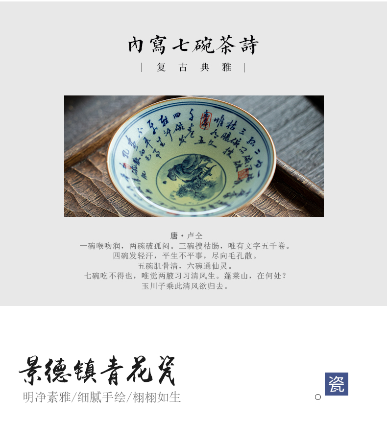 Jingdezhen blue and white landscape ceramic seven poems perfectly playable cup bowl of tea master cup single cup clay cup with triangle flowers pattern circle kunfu tea