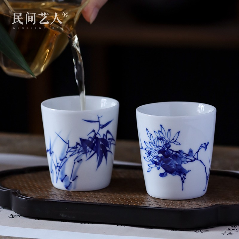 Jingdezhen blue and white by patterns of hand - made straight small bowl ceramic cup kung fu tea tea tea cup