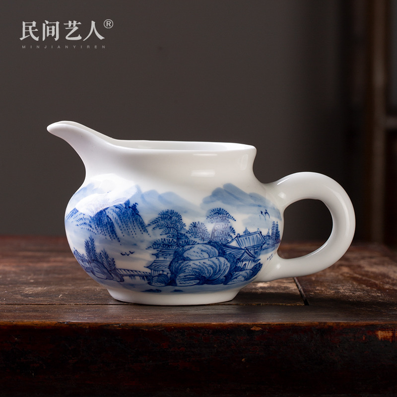Folk artists hand-painted mountain and water-green ceramic fair cup Jingde Ceramic Kungfu Tea cup with ear division tea