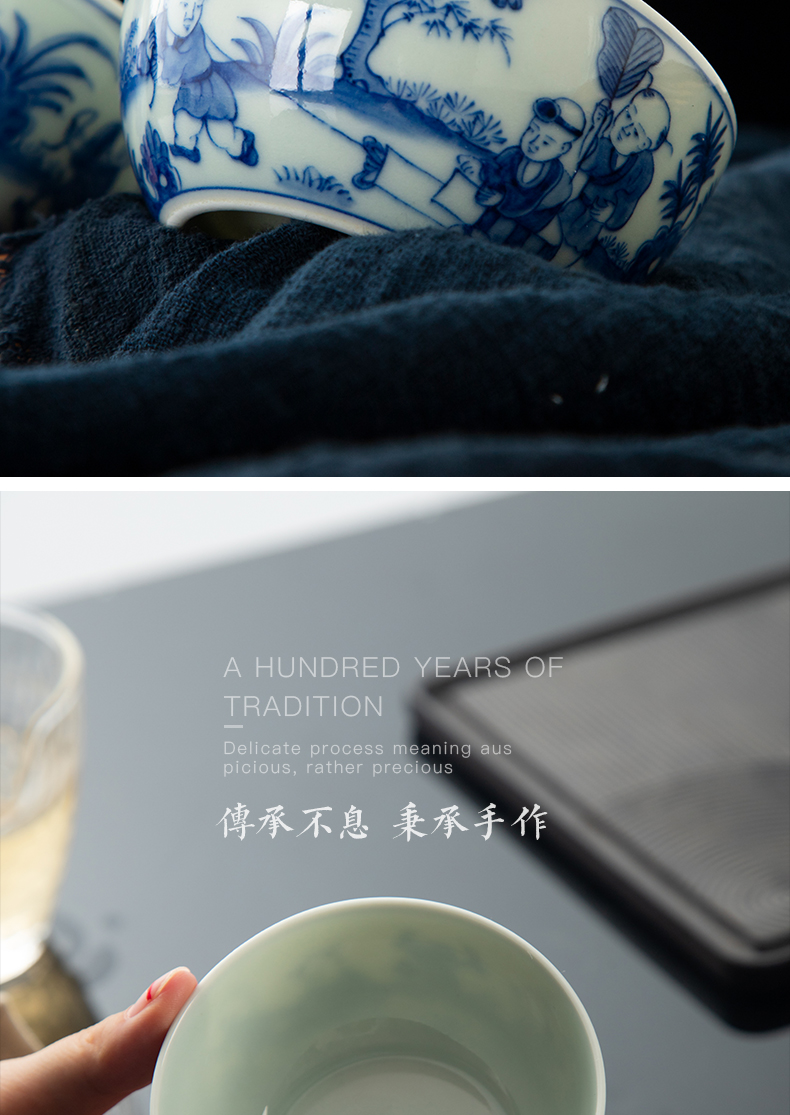 Jingdezhen archaize masters cup ceramic cups cup pure blue and white baby manual hand - drawn characters play kung fu tea cups