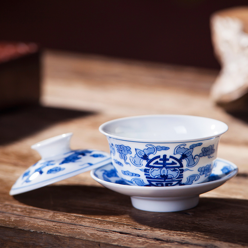 Jingdezhen ceramic checking kung fu tea set to household hand - made of blue and white porcelain cups Wan Fusan tureen tea cups