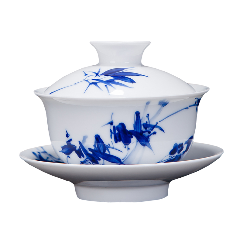 Jingdezhen kung fu tea set manual hand - made bamboo blue - and - white ceramics tureen tea set three packages mailed to bowl of tea bowl