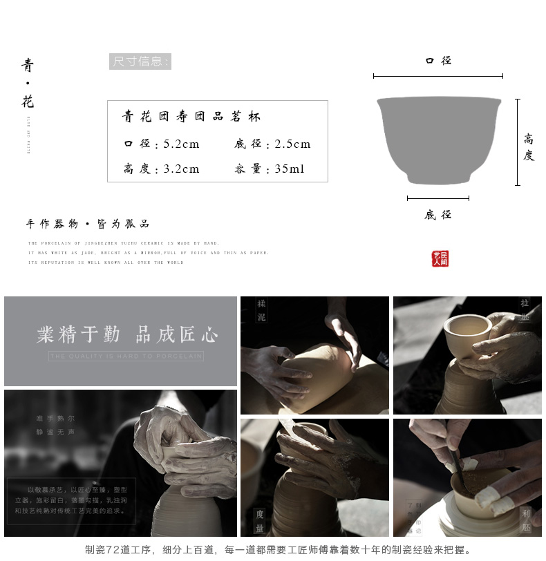 Jingdezhen sample tea cup kung fu tea set blue and white hand - made ceramic cups checking master cup single cup tea cups