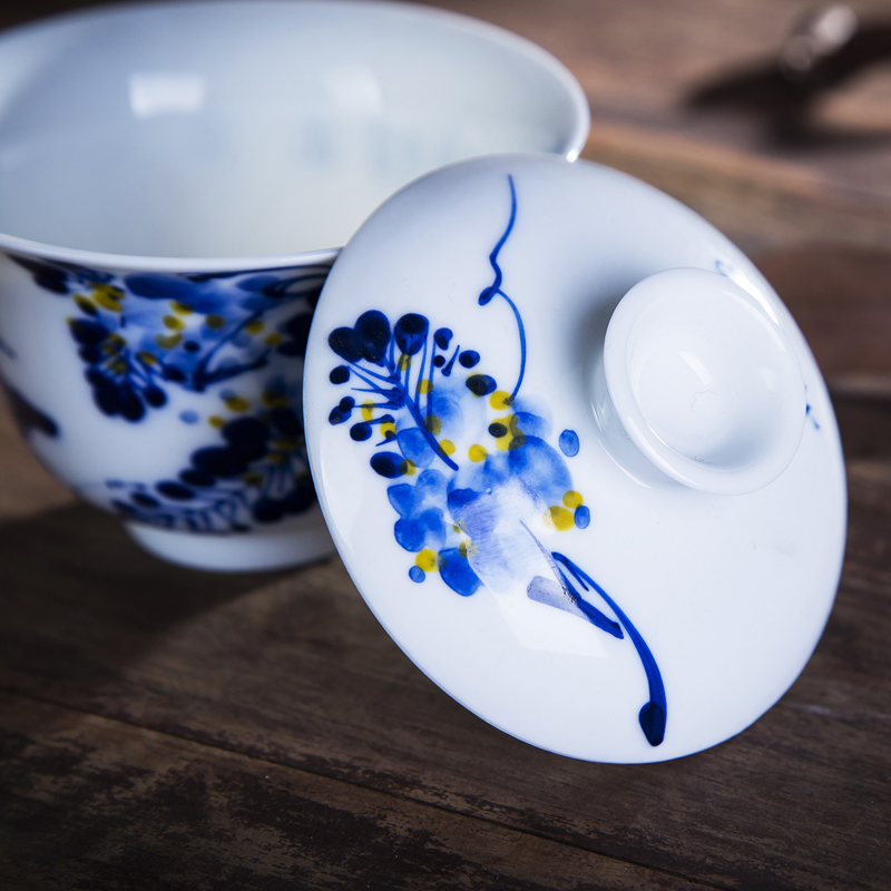 Hand draw large tureen jingdezhen blue and white porcelain bowl with kung fu tea set Chinese style heat only three cups of tea cups