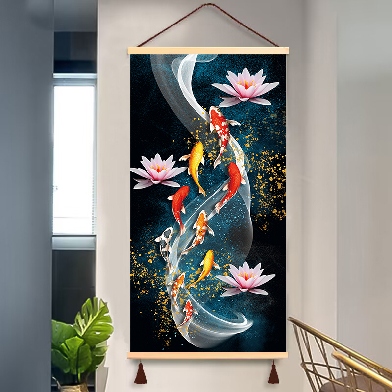 鲤鱼九鱼聚财入户玄关走廊挂画现代装饰画九鱼风水招财玄关装饰画