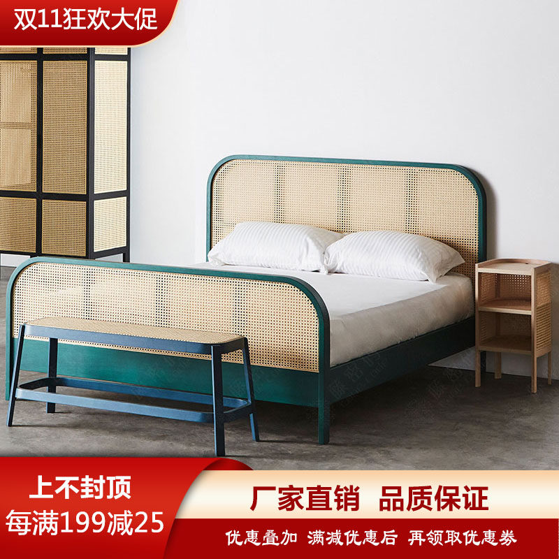 Real Vine art solid wood bed isn hotel apartment folk furniture Nordic rattan bed rattan bed 1 8 m double bed 
