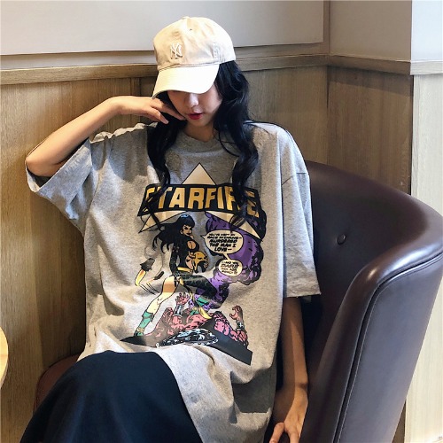 Real photo 2021 summer new mid long loose half sleeve round neck printed student lazy top