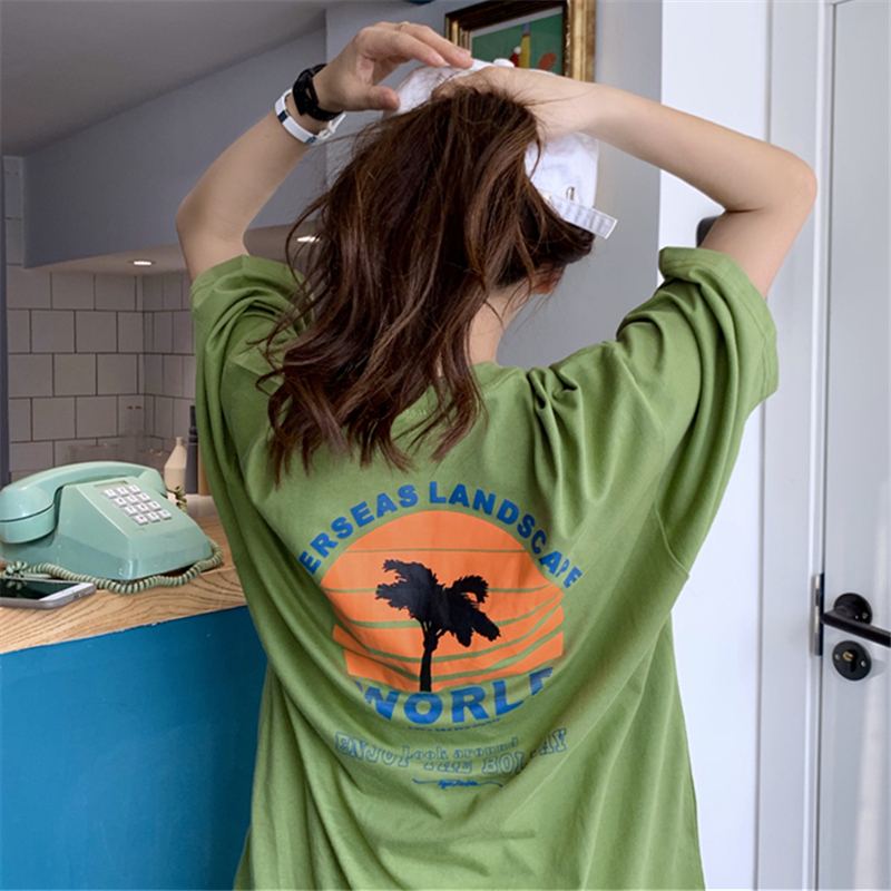 Real summer new versatile crew neck simple back print letters loose short sleeve T-shirt cotton