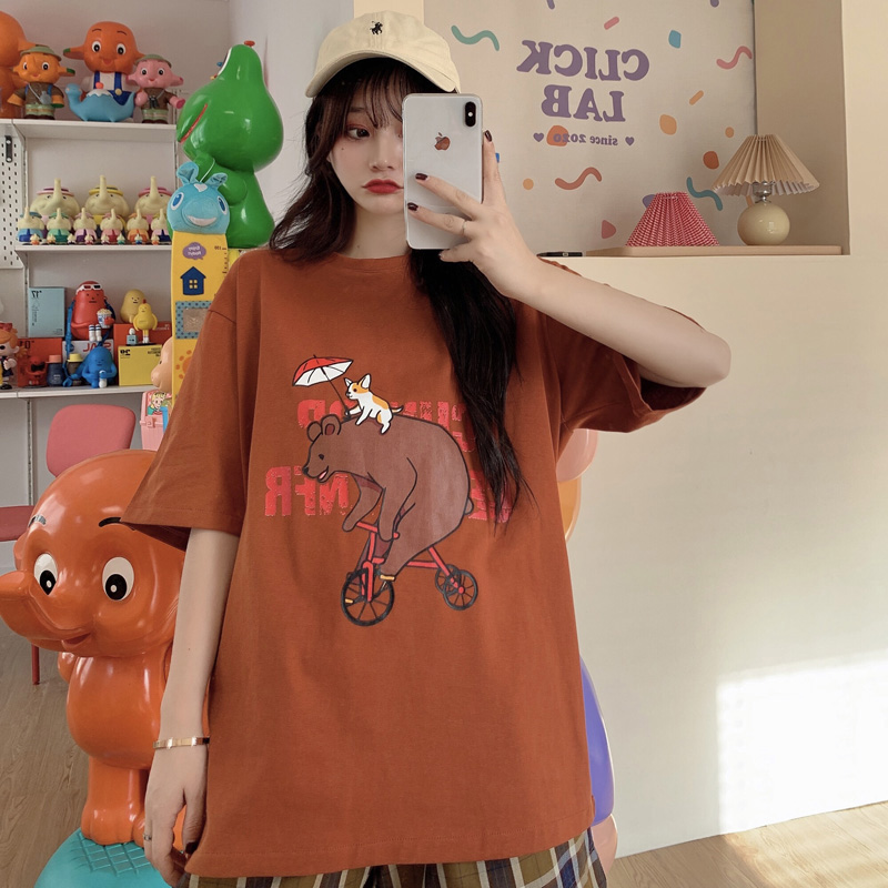 Real photo 2021 new summer college wind cartoon loose medium length top short sleeve t-shirt female