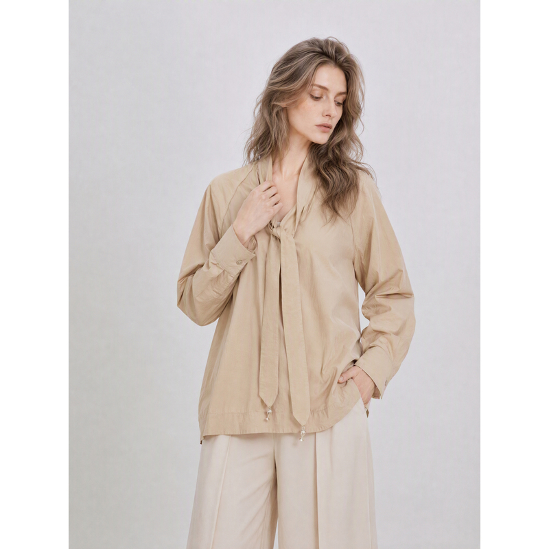 Aveline 2026 Autumn New Loose Ribbon Shirt Short Casual Long Sleeve Tie Cotton Top for Women Aveline 2026 Autumn New Loose Ribbon Shirt Short Casual Long Sleeve Tie Cotton Top for Women