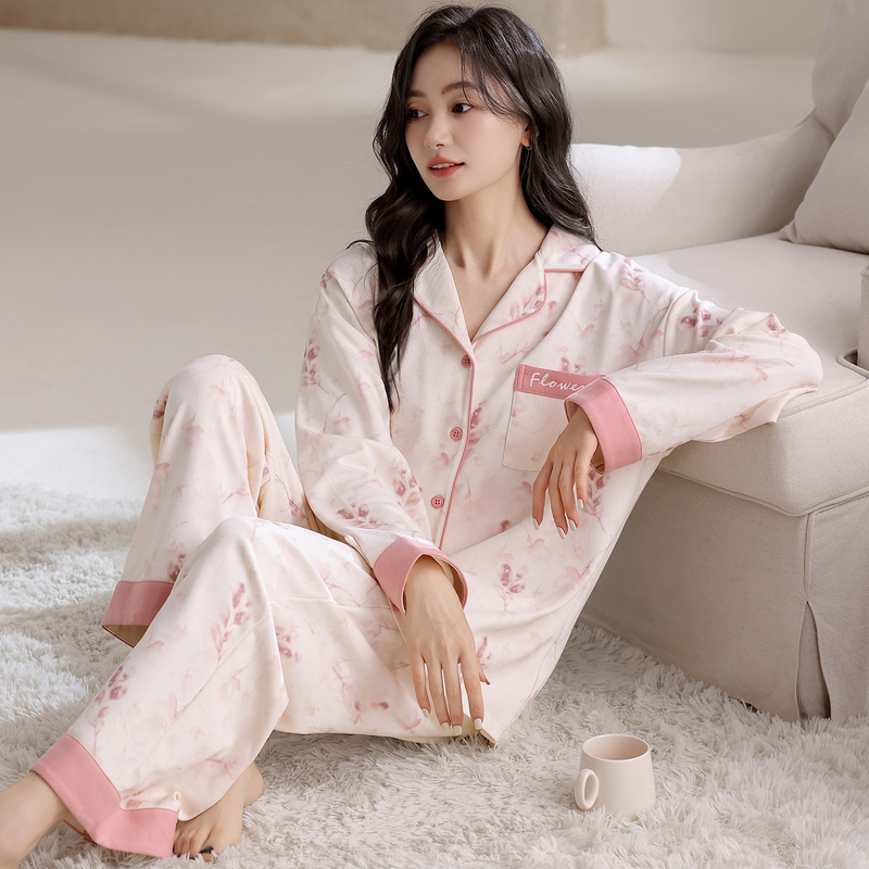 [Elegant Garden] Women's Cotton Pink Floral Cardigan Long-Sleeved Long Pants Pajamas Home Wear Set That Can Be Worn Outside