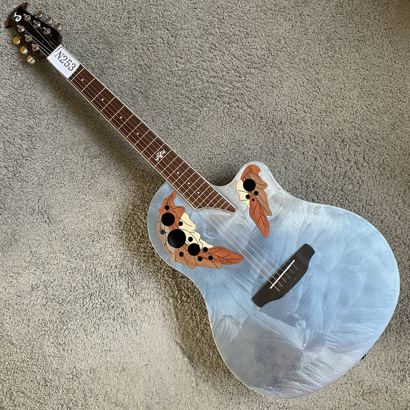 Ovation Style Acoustic Guitar 41inch Folk 24-Fret Rubber Back Guitar Ice Flower Paint New Model