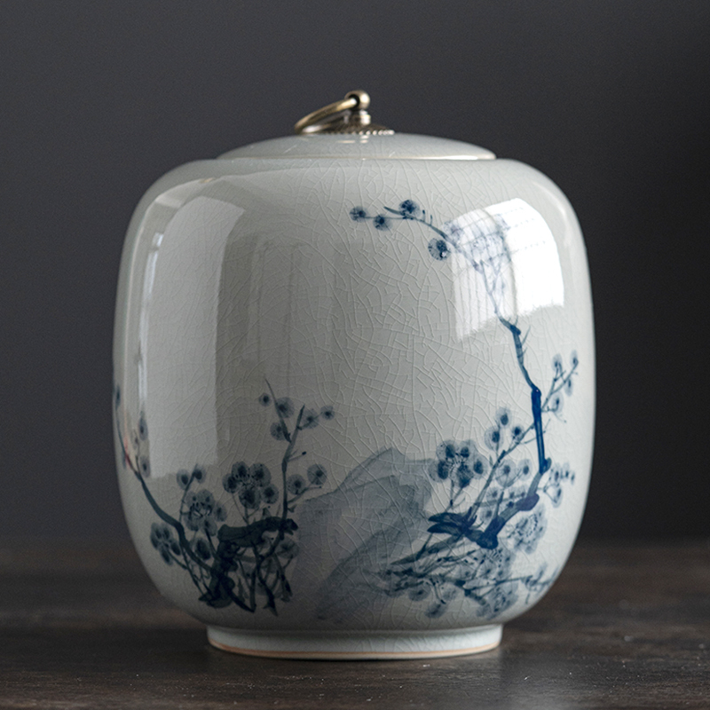 Hand-Painted Ge Kiln Tea Canister, Ceramic Sealed Jar, Large Size, 1.0kg Pieces, Household Use, for Storing Pu'Er and Black Tea, Moisture-Proof Storage Jar