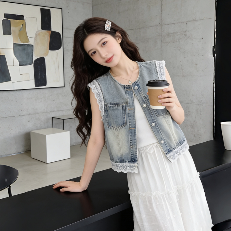 Lace Trim Sleeveless Denim Vest for Women, Summer 2026 New Style, Layered Jacket, Short Jacket for Petite Women