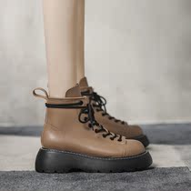 Thick-bottom Martin Boots Women 2021 New English Wind Joker Leather Khaki Small Boots Women Spring and Autumn Single Boots