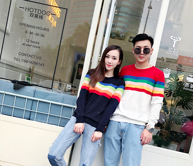 Phụ huynh-trẻ em 2018 xuân hè mới ba vòng cotton dài tay cổ tròn và áo len nhung sọc len cầu vồng bộ pijama cho gia đình 3 người