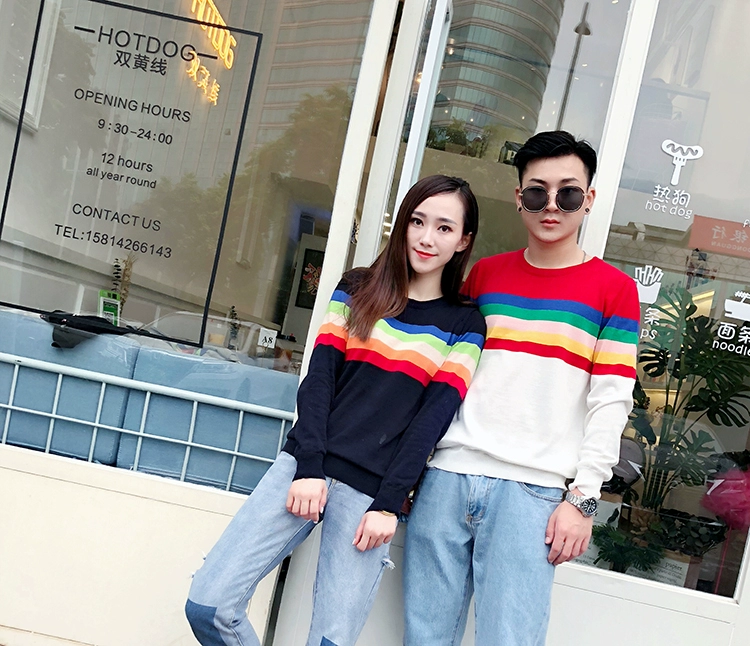 Phụ huynh-trẻ em 2018 xuân hè mới ba vòng cotton dài tay cổ tròn và áo len nhung sọc len cầu vồng