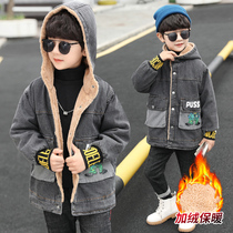 Boy plus velvet denim jacket 2021 new autumn and winter thick hooded foreign atmosphere medium children children long windbreaker
