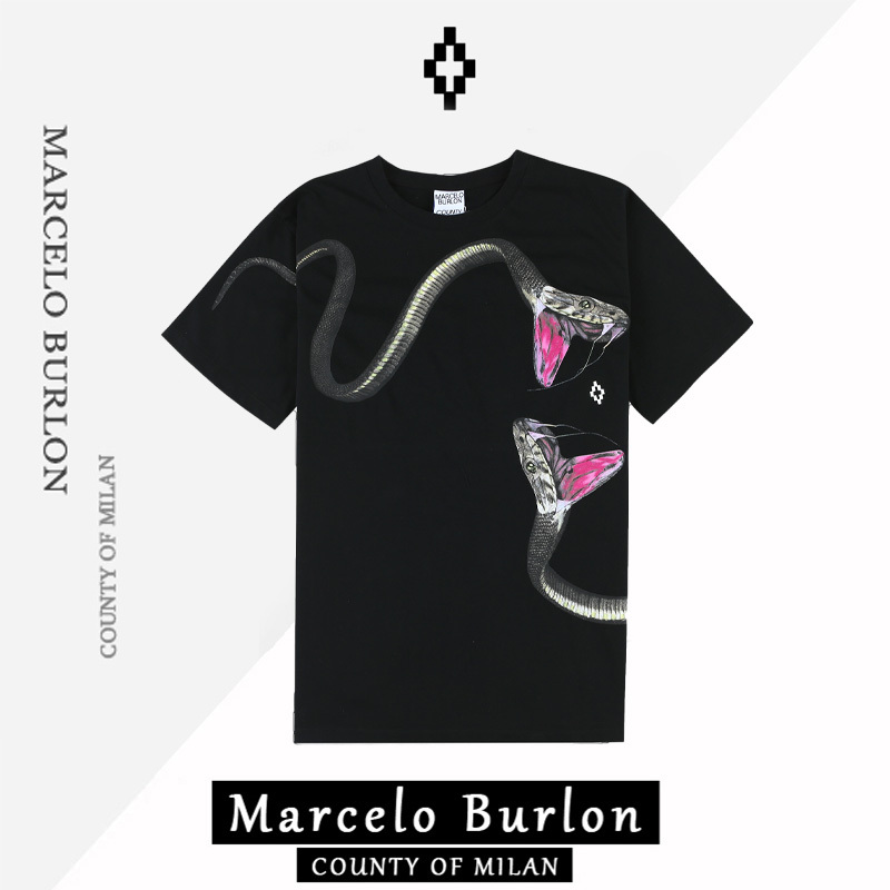 Authentic Marcelo Burlon Mb Cobra Wings Short-Sleeved T-Shirt for Men and Women, Summer Style Half-Sleeve