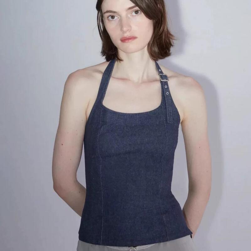 In Stock Paloma Wool25 Denim Halter Neck Tank Top for Women, Summer Slim Fit, Can Be Worn as an Inner Layer or Outerwear, Sleeveless Top
