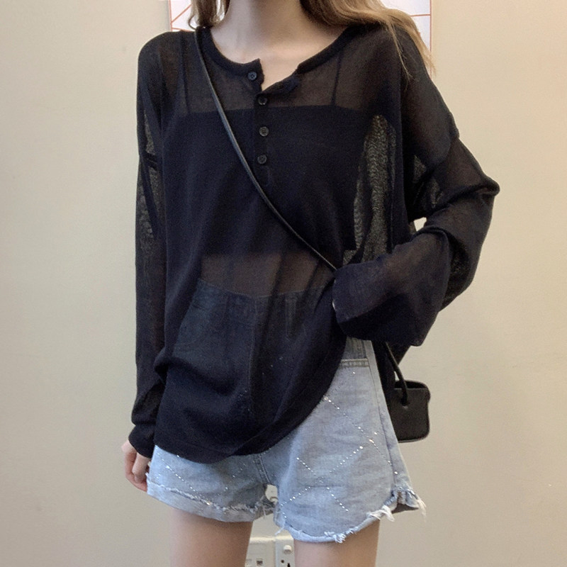 Black Ice Silk Knit Sweater for Women, Summer Loose Long-Sleeve Air Conditioning Shirt, Thin Semi-Transparent Sun Protection Pullover Top