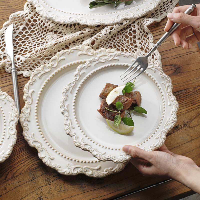 Suochu French Baroque tableware retro kiln glazed ceramic flat plate European court style Western food deep plate plate