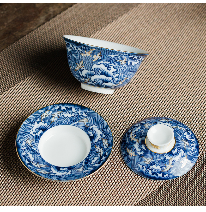 Kung fu tea set household ceramic lid bowl of blue and white porcelain cups white porcelain manual paint tea set a complete set of equipment