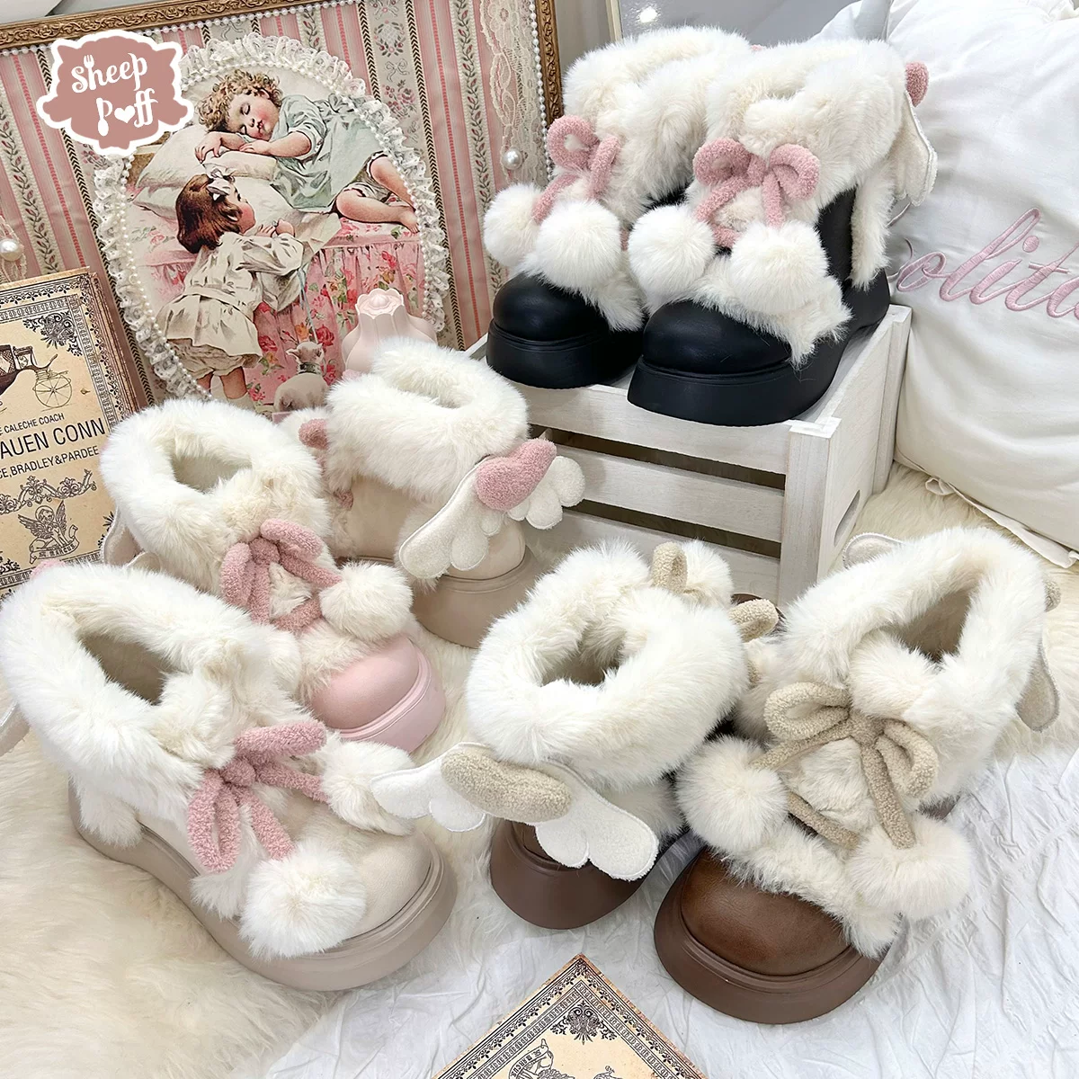 [В наличии] Velvet Kewpie Sheep Puff Lolita Зимние тёплые сапоги со снегом плюс бархатная хлопковая обувь