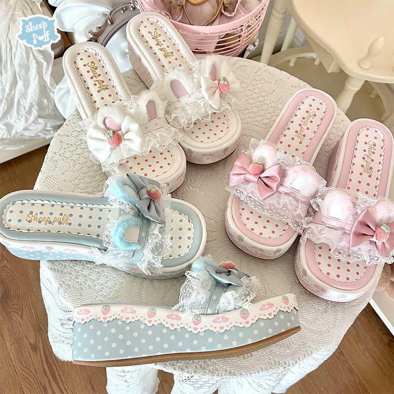 [in Stock] Strawberry Bunny Sheep Puff Lolita Thick-Soled Strawberry Bunny Ear Sandals Slippers
